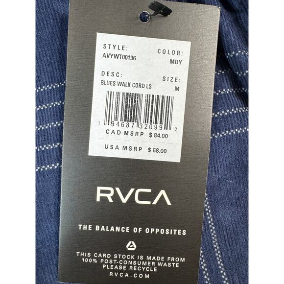 RVCA Men’s NWT Corduroy Flannel Plaid Shirt Sz M Blue Outdoor Hike Gorpcore Surf - Picture 4 of 14